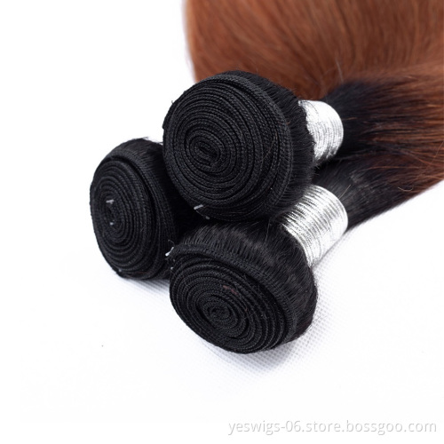 Full Cuticle Aligned Silky 1b/30 Ombre Bundles with Closure Straight Brazilian Hair Bundles 100% Virgin Human Hair Extensions